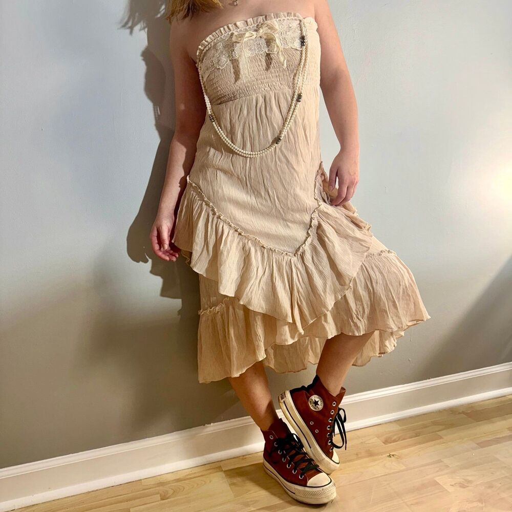 Upcycled Bohemian Tan Angled High-Low Midi Dress Lace Bow Tie Pearl Embellished